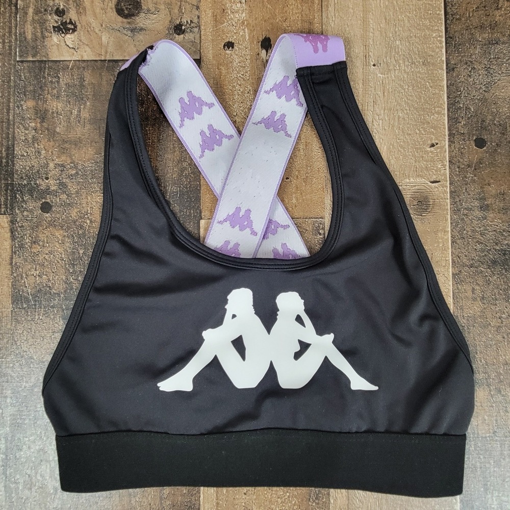 Kappa Sports Bra Top Black Purple Criss Cross Back Straps Front Logo Gym‎ Small